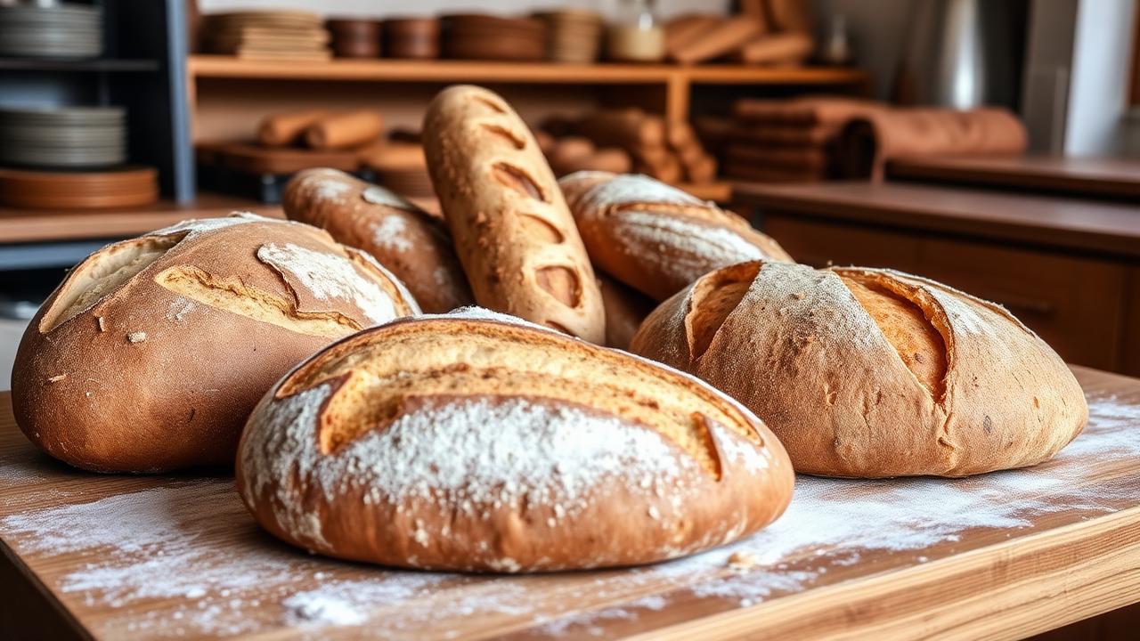 Rustic sourdough, ciabatta, baguette and focaccia loaves on a floured table