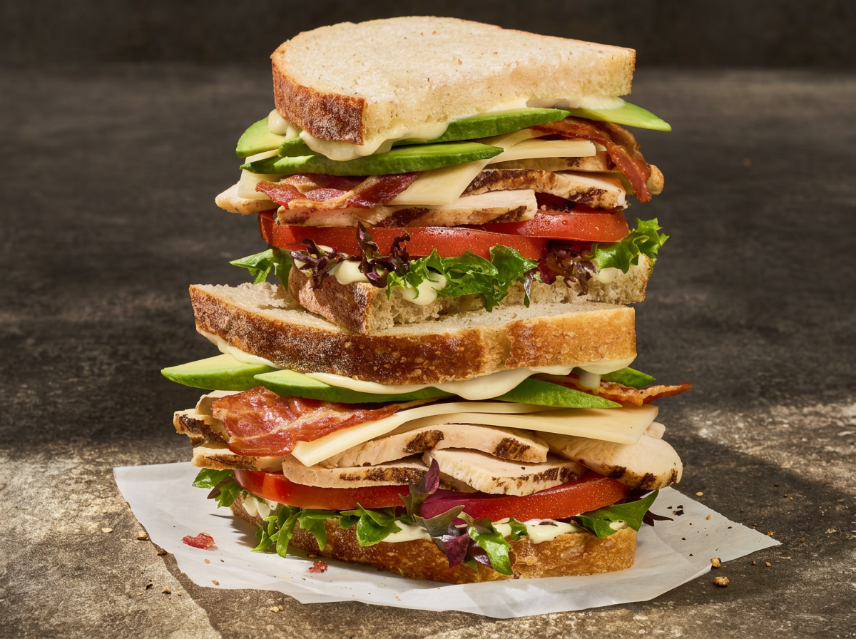 Stacked turkey club sandwich with avocado, bacon, tomato and cheese from Panera Bread