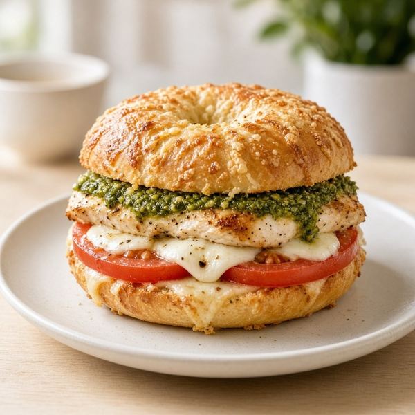 A toasted Asiago bagel carries grilled chicken, mozzarella, vegetables and two creamy dressings.