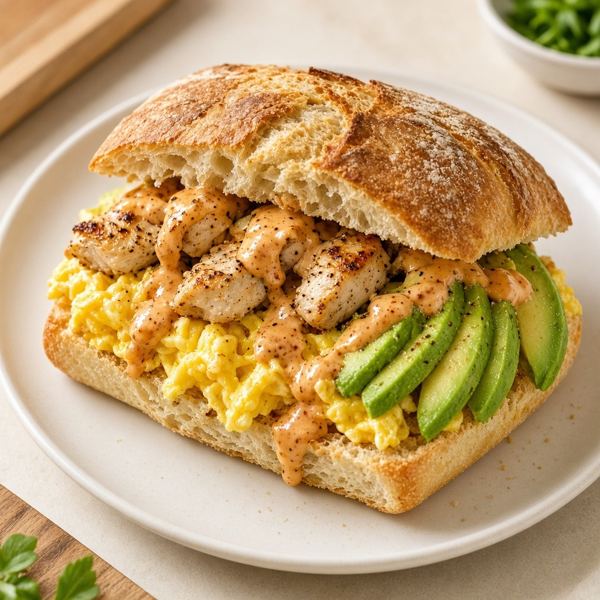 Smoked pulled chicken, scrambled egg, white cheddar, avocado and chipotle aioli on Artisan Ciabatta.