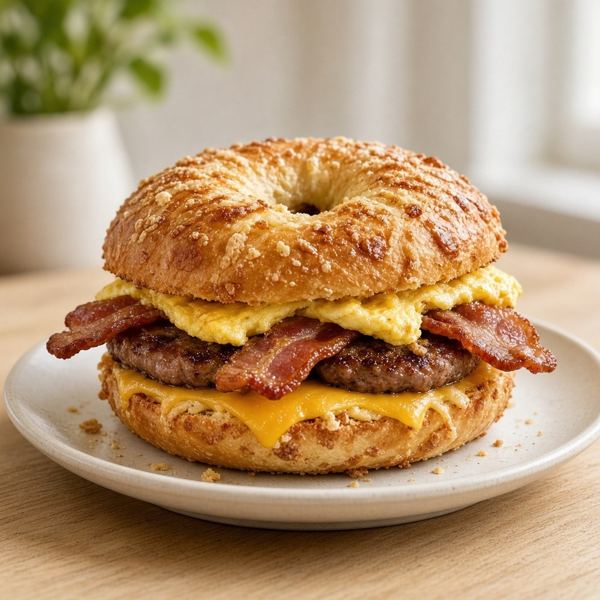 Bacon and sausage stacked with scrambled egg and a cheesy Benedict-style sauce on an Asiago bagel.