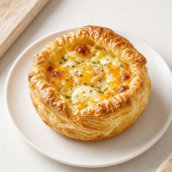 A baked egg soufflé with Neufchatel, cheddar, Parmesan and Romano inside a flaky pastry crust.
