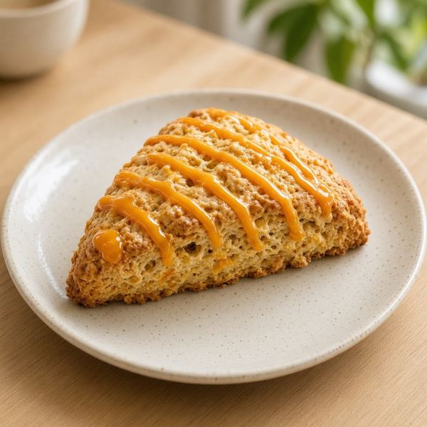 A large, cream-based bakery scone with bright orange flavor.