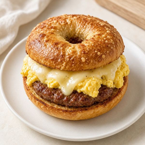 Savory sausage, scrambled egg and melty American cheese with garlic aioli on a toasted Asiago bagel.