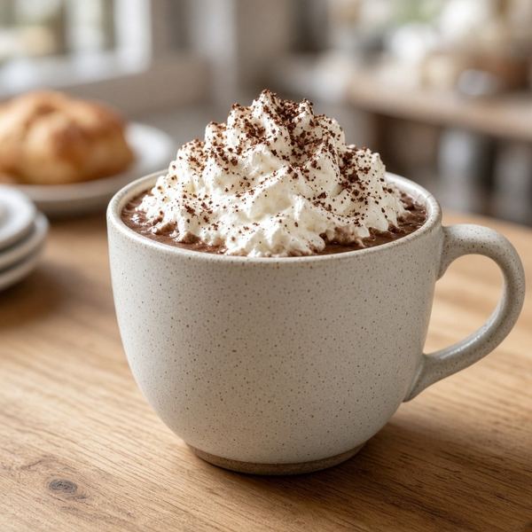 Steamed milk mixed with chocolatey sauce and finished with whipped cream.