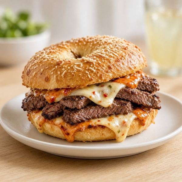 A toasted Asiago bagel layered with marinated steak, provolone, salsa verde spread and peppery greens.
