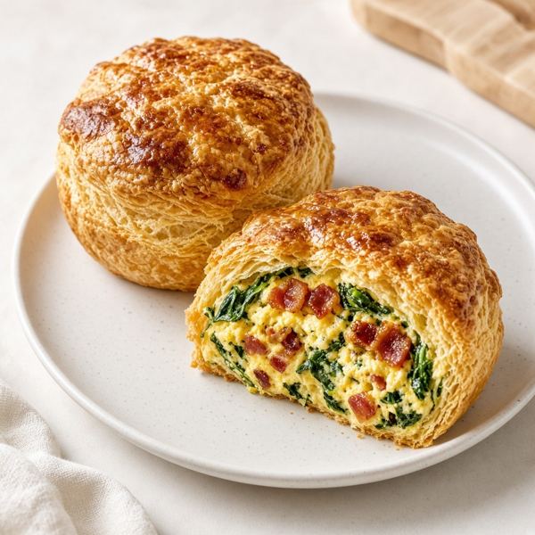 A flaky pastry shell surrounds baked egg, spinach, cheddar and bacon.