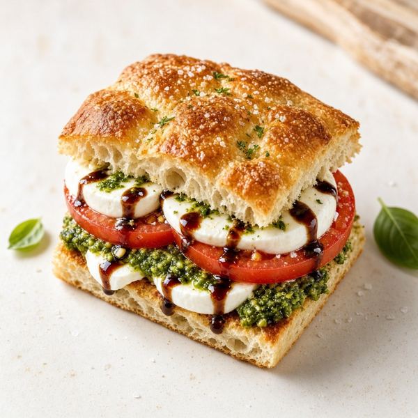 Toasted Caprese Focaccia with mozzarella, tomato and arugula