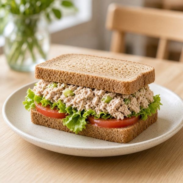 Tuna salad sandwich with greens and tomato
