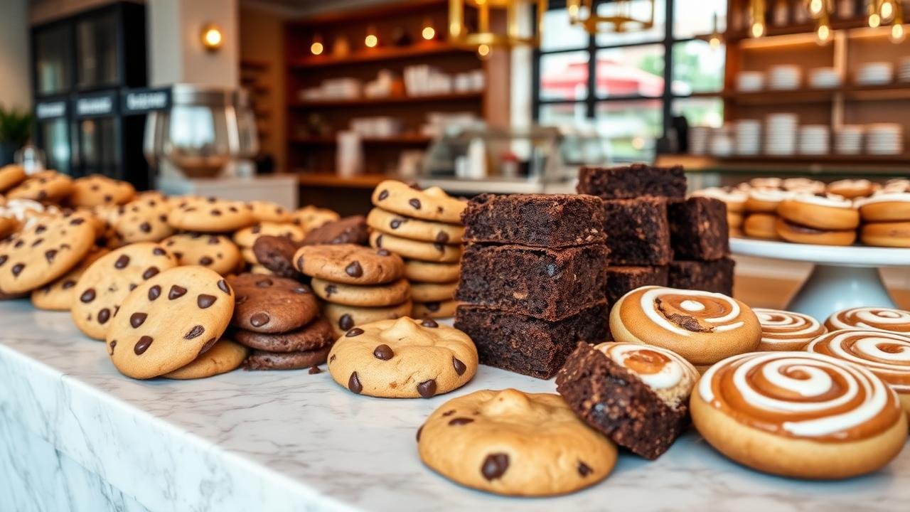 Bakery display of cookies, brownies and pastries on a marble counter