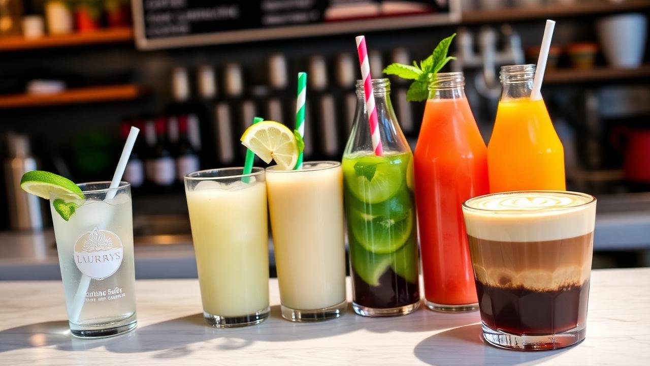 Lattes, smoothies and lemonades lined up on a cafe counter