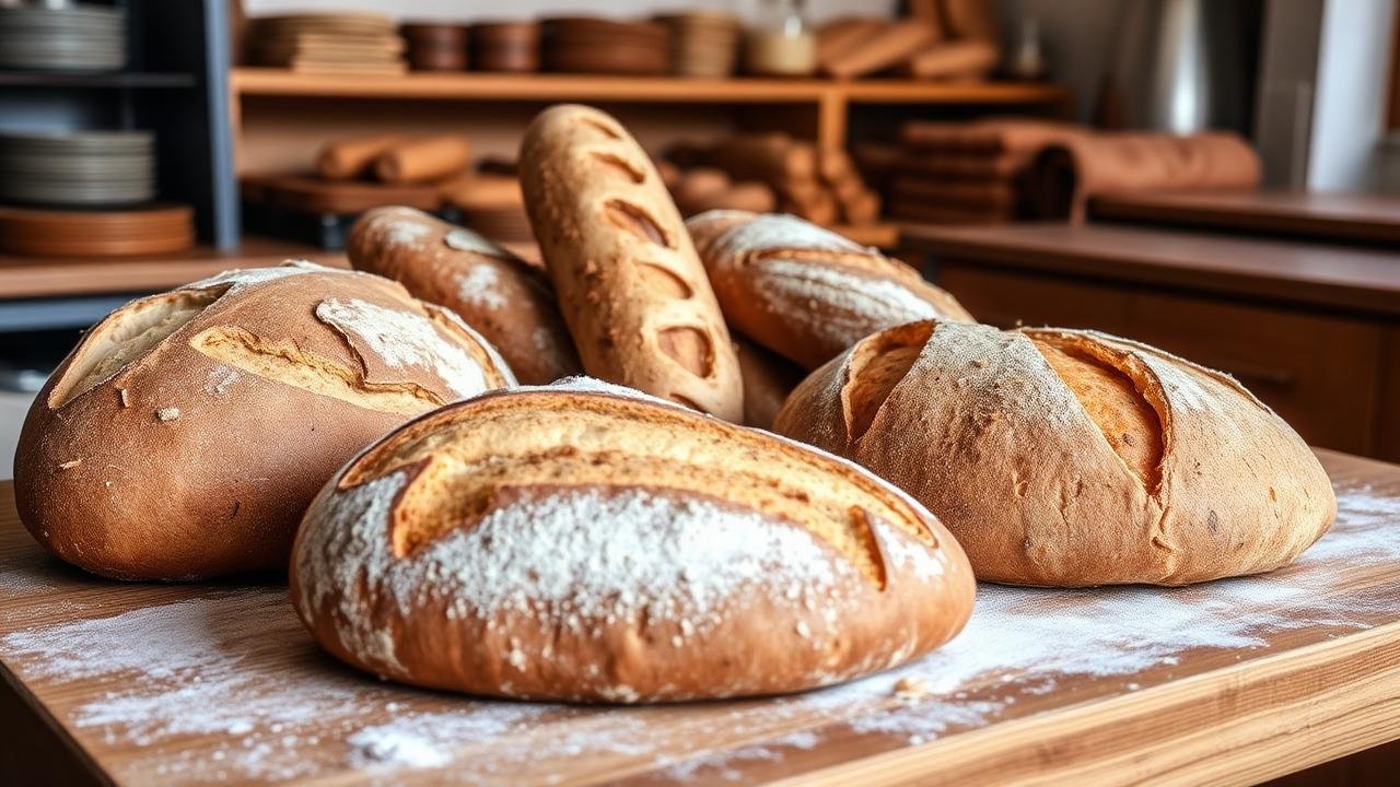 Rustic sourdough, ciabatta, baguette and focaccia loaves on a floured table
