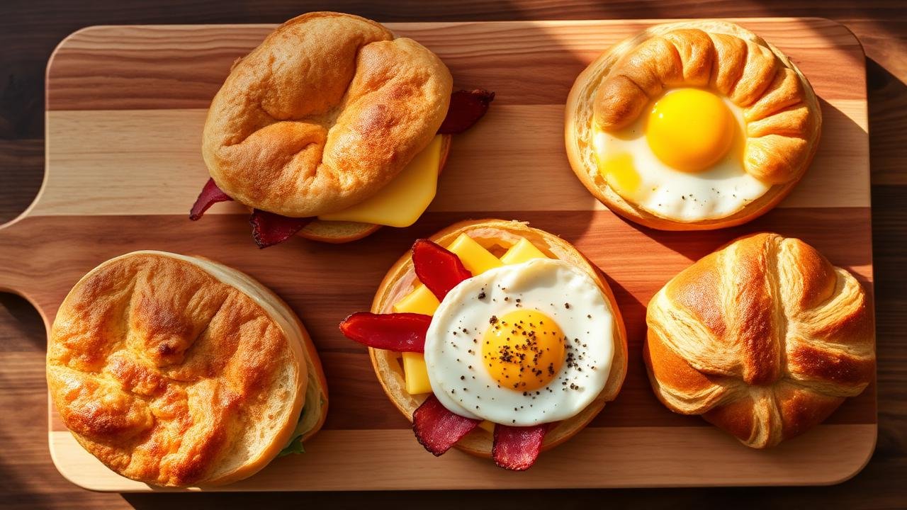 Panera Bread breakfast sandwiches on a wooden board