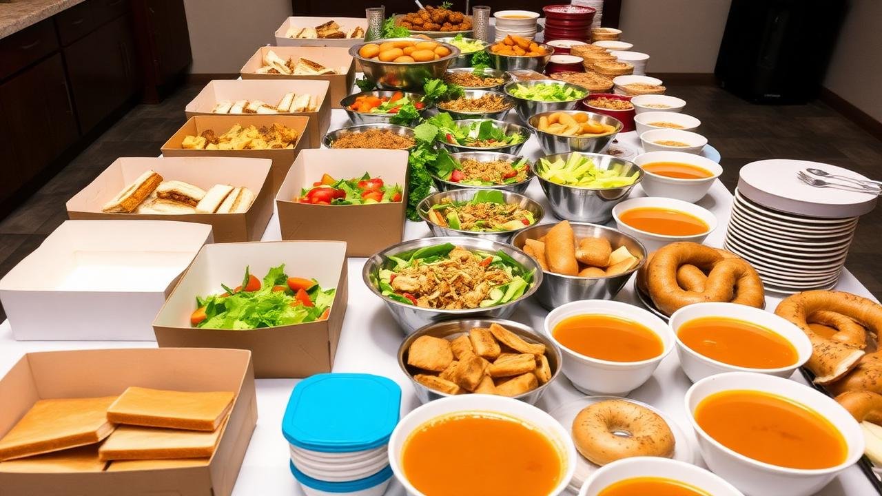 Panera Bread catering spread with sandwich boxes, salads and soup trays