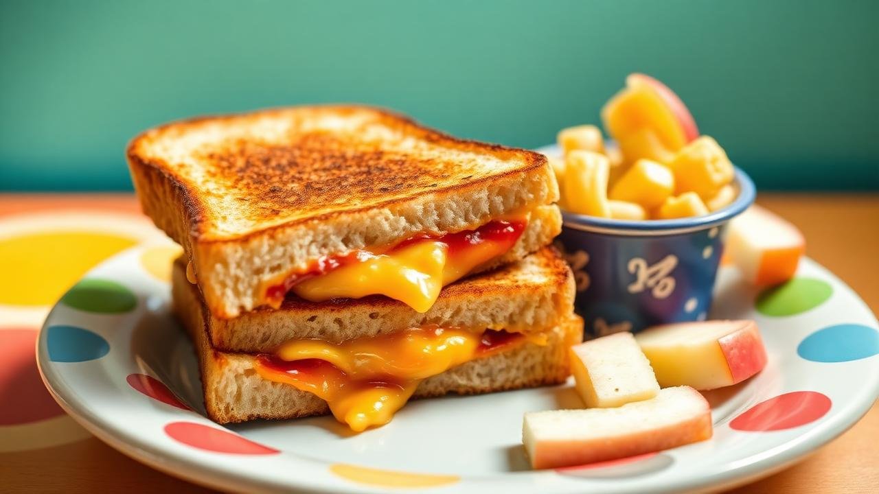 Kid-friendly grilled cheese with mac and cheese cup and apple slices