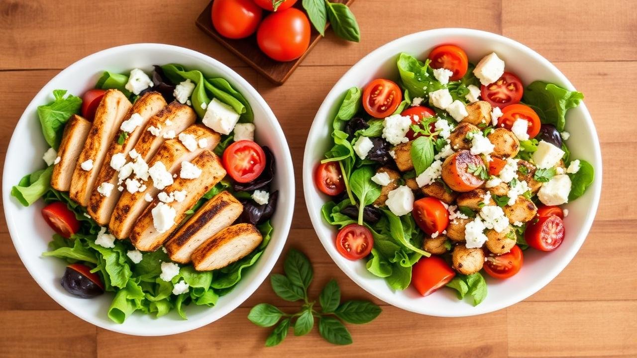 Caesar and Greek salads with grilled chicken, tomatoes and feta