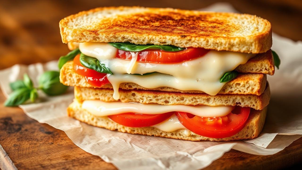 Toasted Panera Bread-style panini with melted cheese, tomato and basil