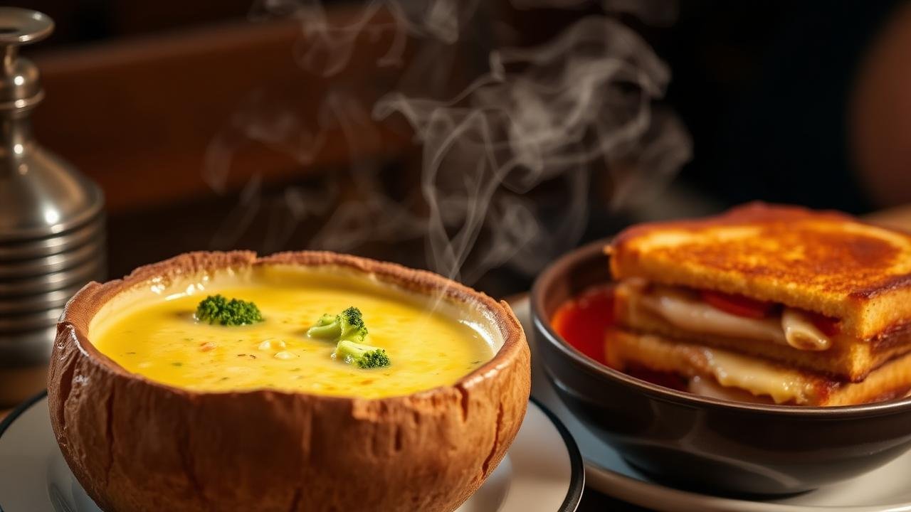 Broccoli cheddar soup in a sourdough bread bowl with grilled cheese